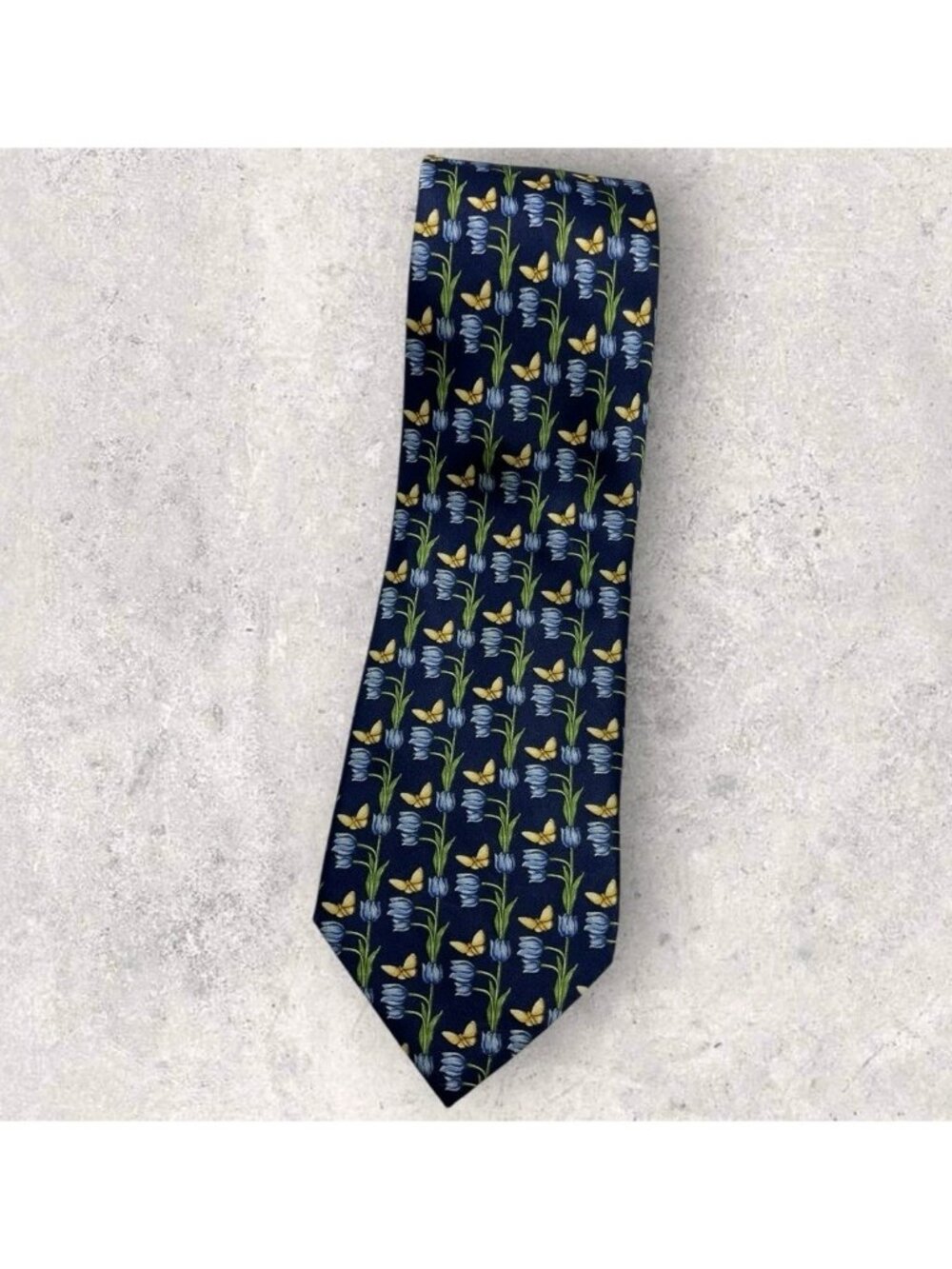LANVIN Silk Tie FRANCE XL Navy Blue Green Floral Butterfly W:3.8" EUC
